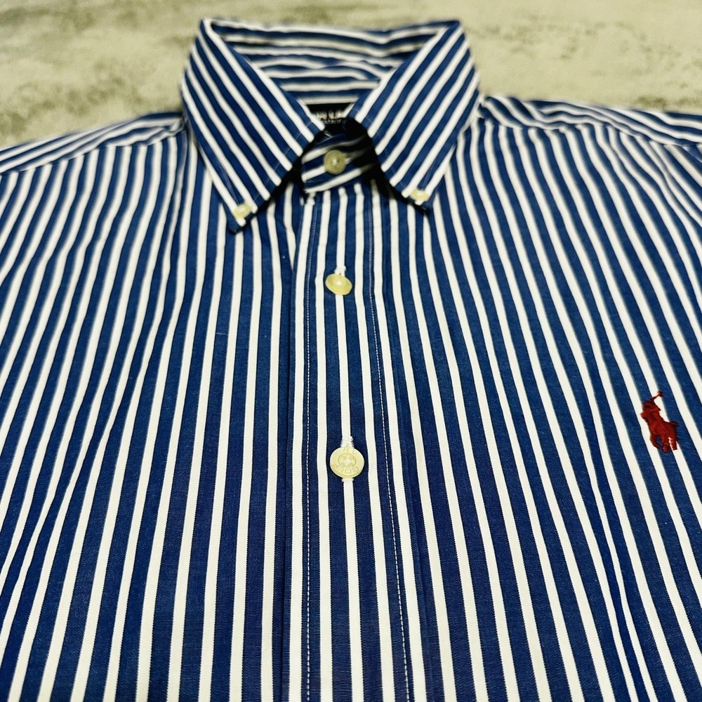 RALPH LAUREN GOLF Shirt Men's L Blue White Striped Custom Fit Cotton Button Down